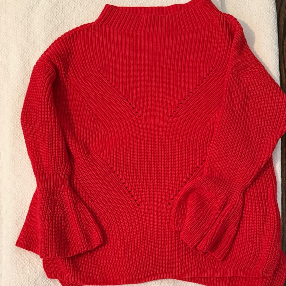 LOFT Red Ribbed Cowl-Smock Sweater with Bell Sleeves